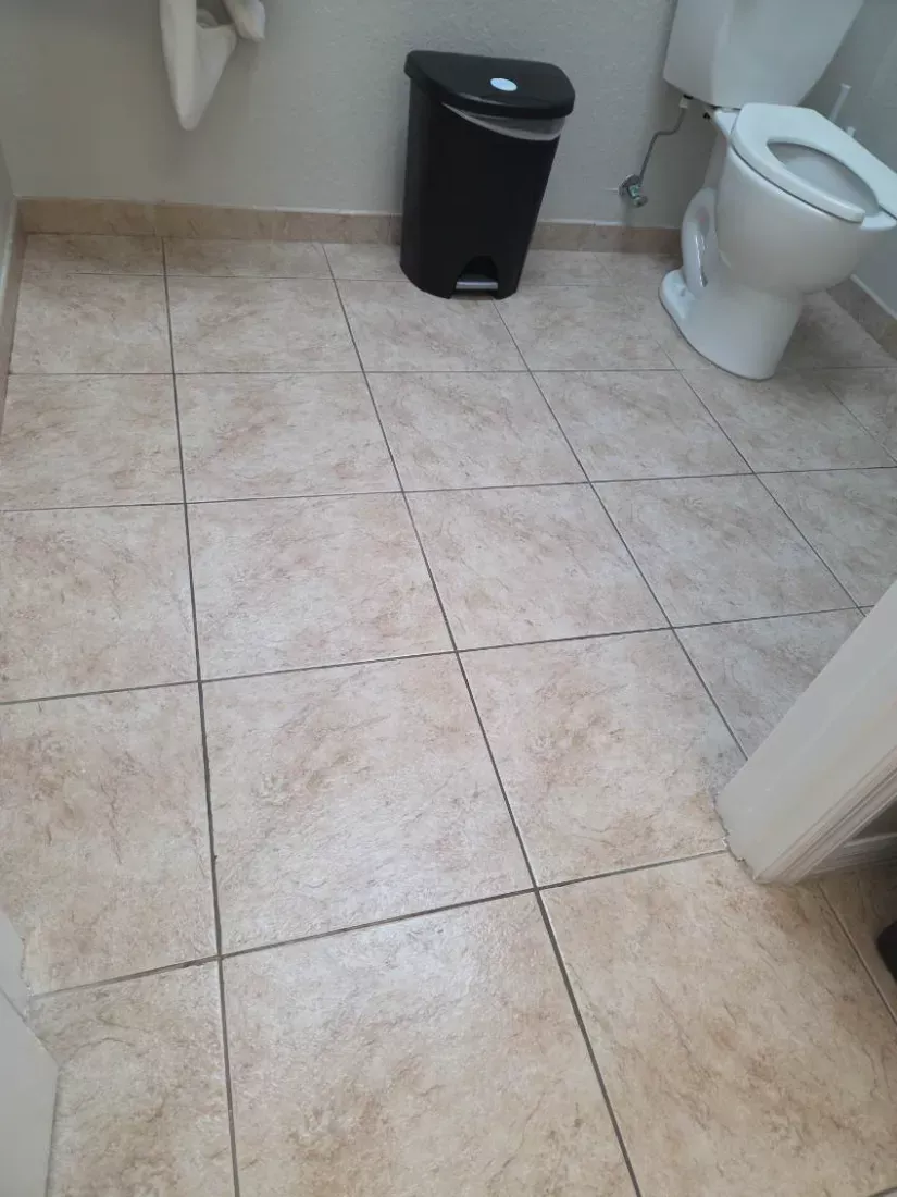 Restroom tile floor mopped and the bin liner replaced
